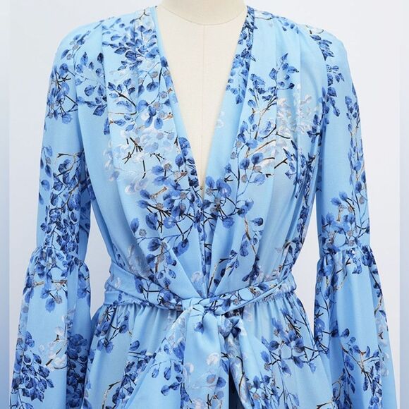 NWOT BRONX ADN BANCO BEDOUIN BLUE POPPY SHORT DRESS Floral Wrap Dress - Picture 6 of 15